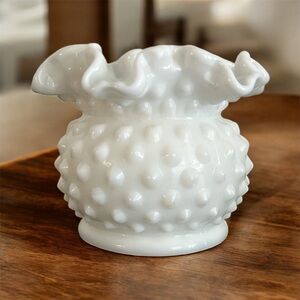 vintage Fenton Hobnail milk glass vase with a ruffled crimped rim. 3”